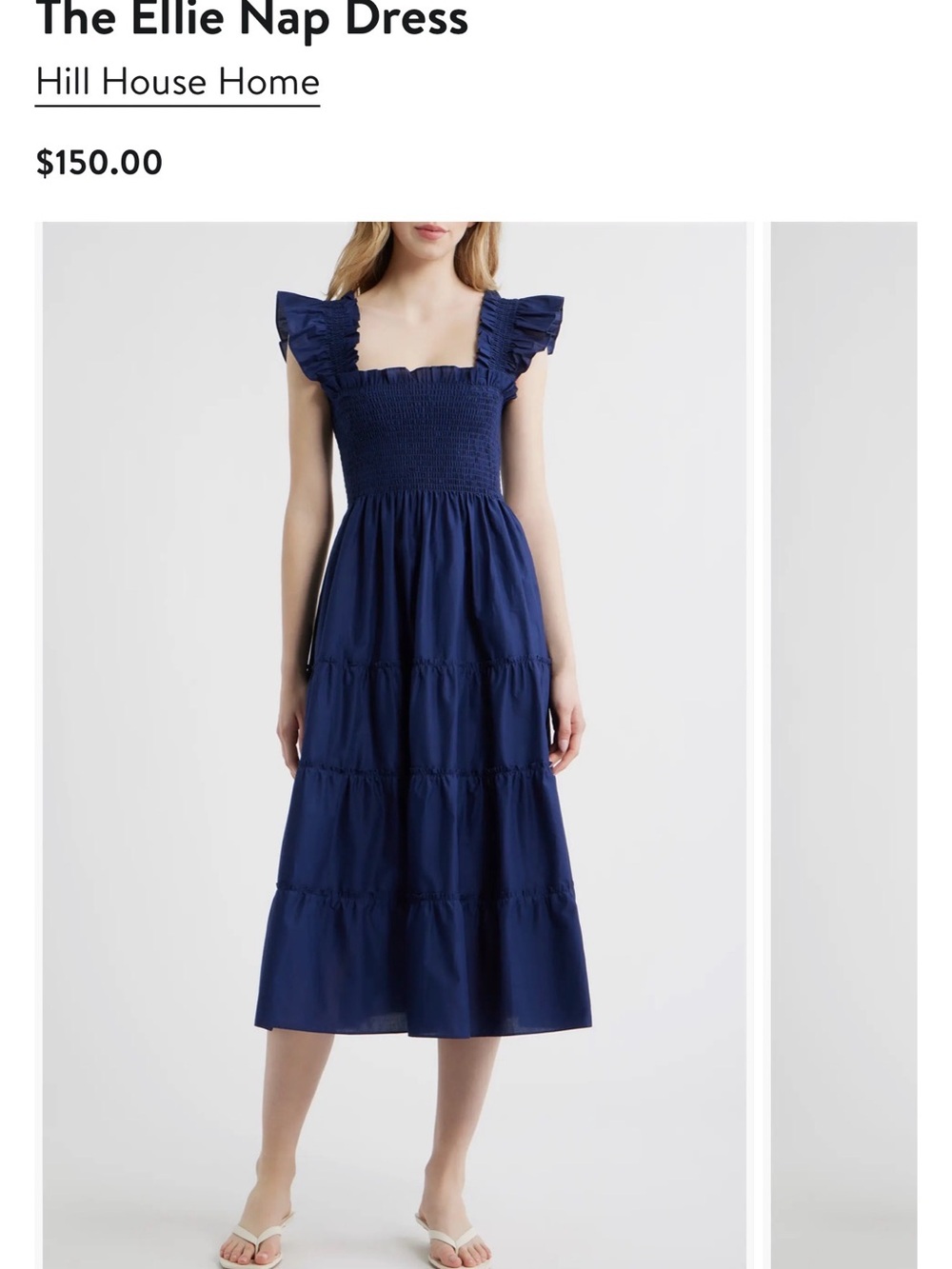 Hill House Navy Ellie Nap Midi Dress with Ruffle Shoulders, like new! worn once